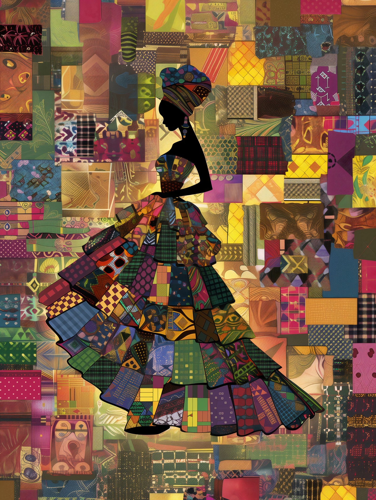 African Woman Silhouette Kente Panel /African Fabric Quilt Fabric/ Patchwork Print Fabric.