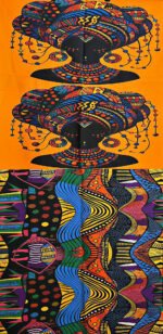 Queen Adorned Fabric Panel featuring two colorful Afrocentric queen portraits with elaborate patterned headwraps and coordinating geometric companion print.