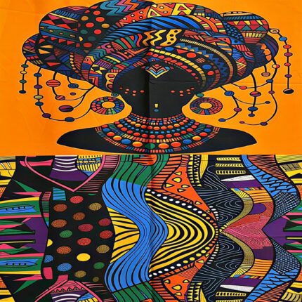 Queen Adorned Fabric Panel featuring two colorful Afrocentric queen portraits with elaborate patterned headwraps and coordinating geometric companion print.