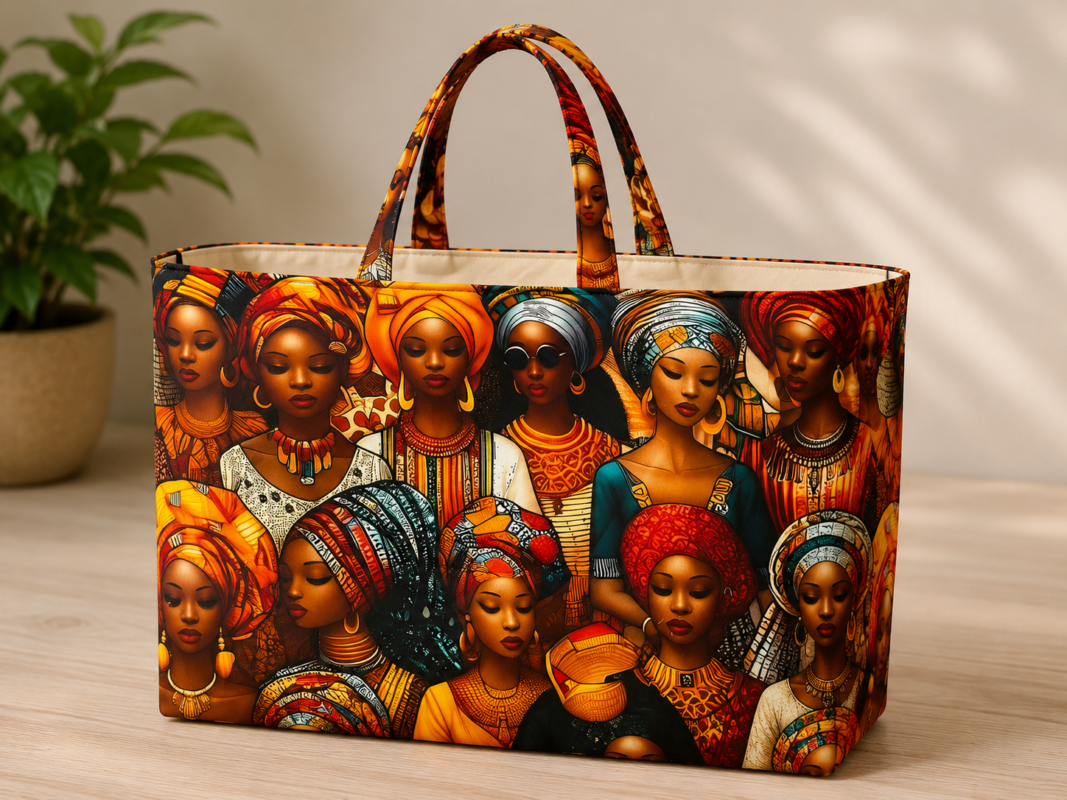 Afrocentric tote bag featuring colorful African women in vibrant headwraps and traditional-inspired attire, fully lined with fabric handles and boxed corners.