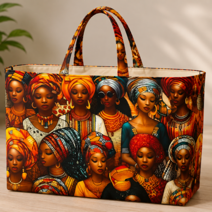 Afrocentric tote bag featuring colorful African women in vibrant headwraps and traditional-inspired attire, fully lined with fabric handles and boxed corners.