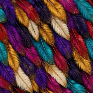 Colorful Feathers of Africa Fabric featuring overlapping vibrant feathers in purple, turquoise, gold, ruby red, and ivory.