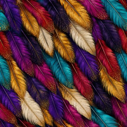 Colorful Feathers of Africa Fabric featuring overlapping vibrant feathers in purple, turquoise, gold, ruby red, and ivory.