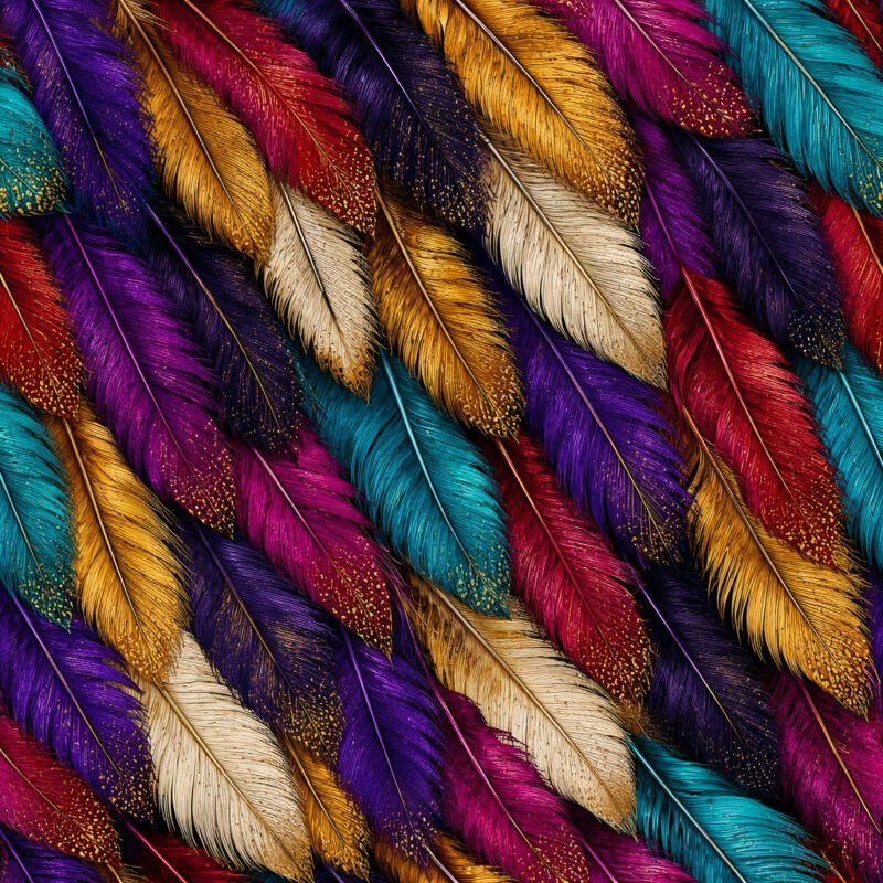 Colorful Feathers of Africa Fabric featuring overlapping vibrant feathers in purple, turquoise, gold, ruby red, and ivory.