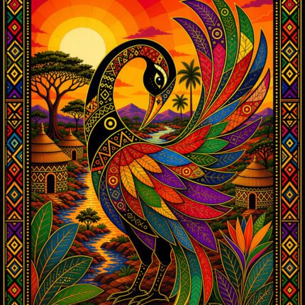 Sankofa Bird Fabric Panel featuring colorful patterned bird with African village landscape and decorative border.