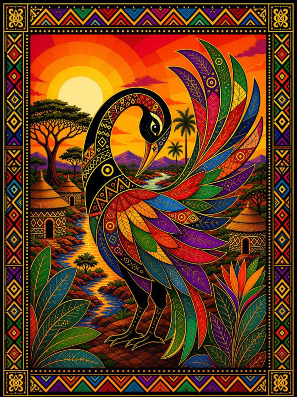 Sankofa Bird Fabric Panel featuring colorful patterned bird with African village landscape and decorative border.