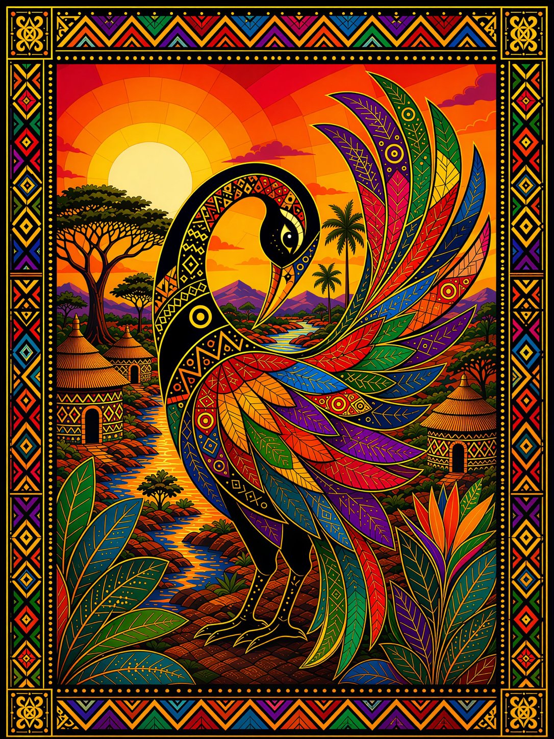 Sankofa Bird Fabric Panel Sankofa Bird Fabric Panel featuring colorful patterned bird with African village landscape and decorative border.