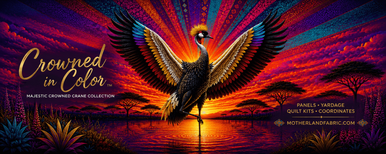 African Crowned Crane with colorful African geometric sunburst background at sunset.