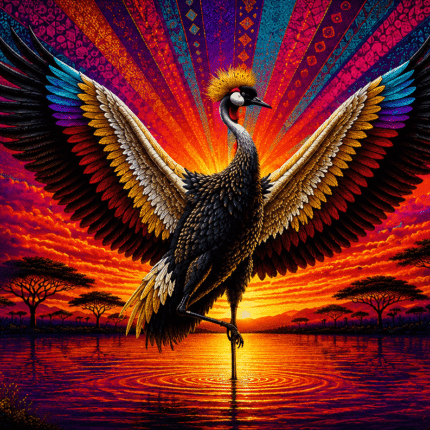 African Crowned Crane with colorful African geometric sunburst background at sunset.