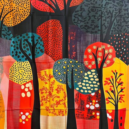 The Story Trees Quilt Panel featuring colorful stylized trees on a black background printed on premium quilting cotton.
