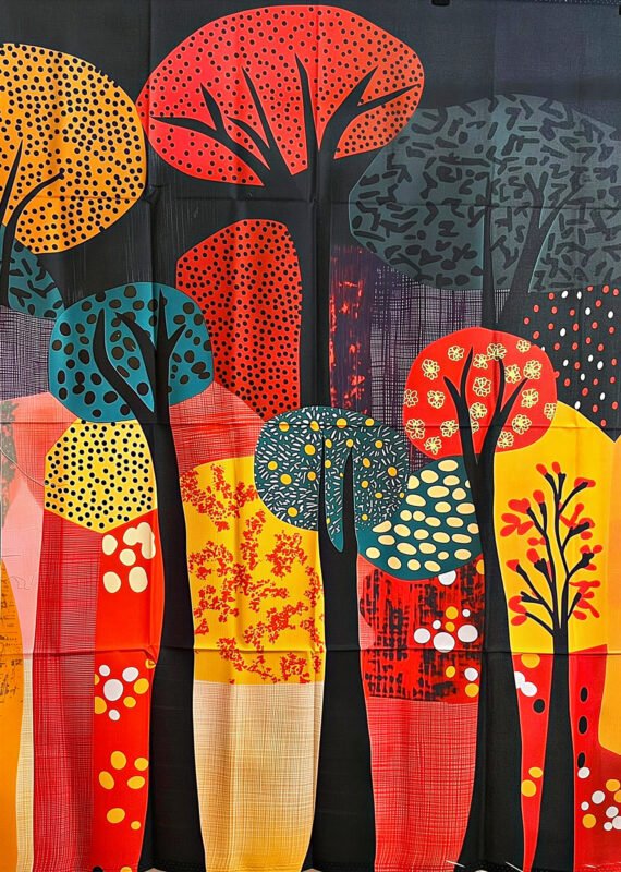 The Story Trees Quilt Panel featuring colorful stylized trees on a black background printed on premium quilting cotton.