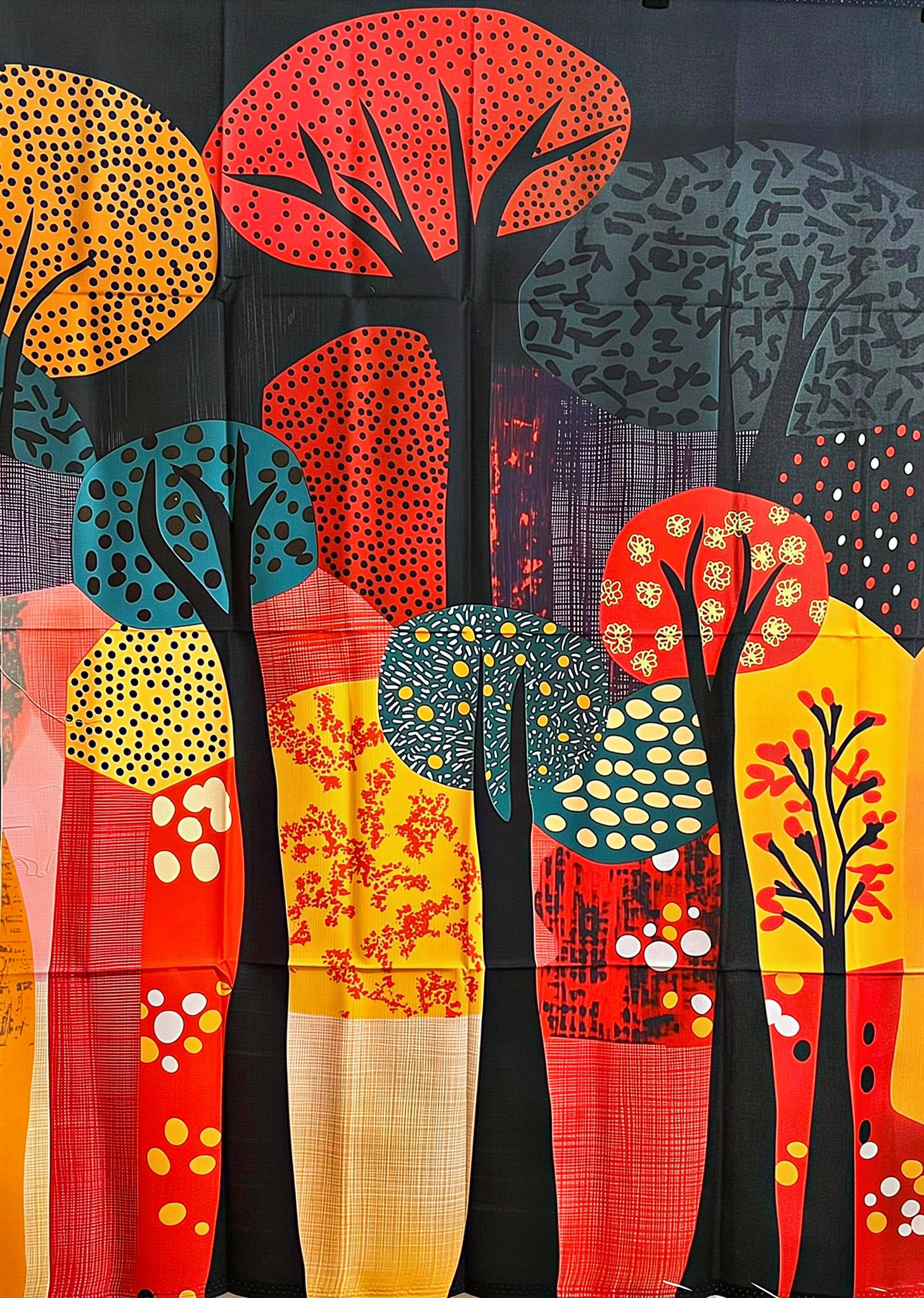 The Story Trees Quilt Panel featuring colorful stylized trees on a black background printed on premium quilting cotton.