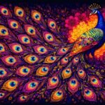 Peacock Majesty Quilt Panel featuring a colorful peacock with jewel-tone feathers on a dark background.