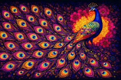 Peacock Majesty Quilt Panel featuring a colorful peacock with jewel-tone feathers on a dark background.