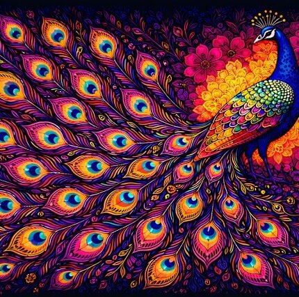 Peacock Majesty Quilt Panel featuring a colorful peacock with jewel-tone feathers on a dark background.