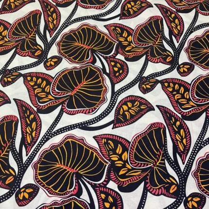 Cream African botanical cotton fabric with black rust and burgundy leaves