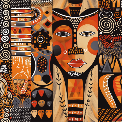 45x45 African abstract face cotton fabric panel in black rust red and orange