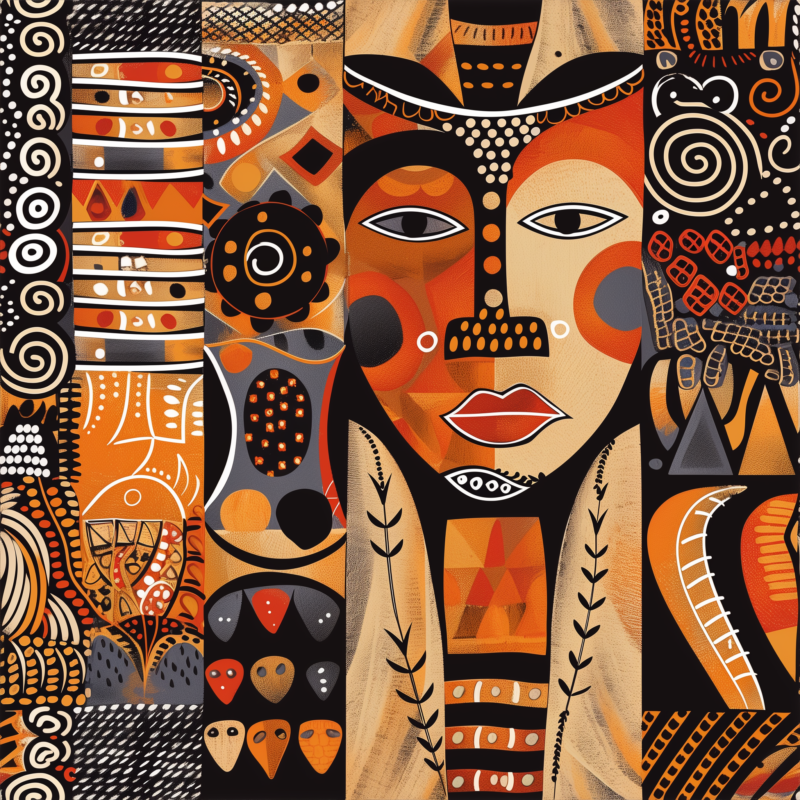 45x45 African abstract face cotton fabric panel in black rust red and orange