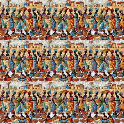 African marketplace cotton fabric with colorful women and village market scene