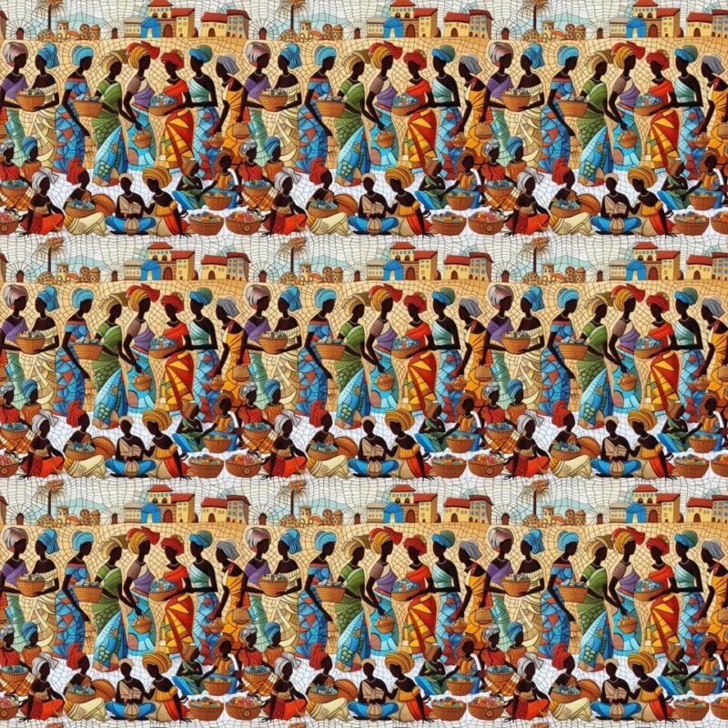 African marketplace cotton fabric with colorful women and village market scene