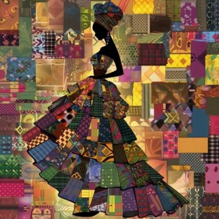African marketplace cotton fabric with colorful women and village market scene