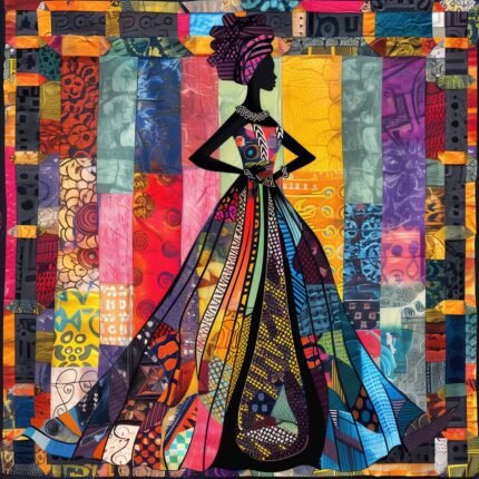 African woman whole cloth quilt fabric panel 45x45 with colorful patchwork gown