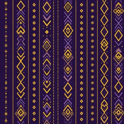 Royal Rhythm purple and gold African-inspired geometric cotton fabric with vertical diamond and chevron stripes