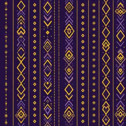 Royal Rhythm purple and gold African-inspired geometric cotton fabric with vertical diamond and chevron stripes