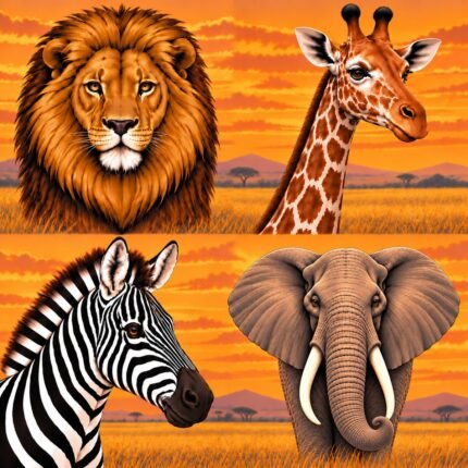 African Savanna Sunset – Wildlife Fabric Panel
