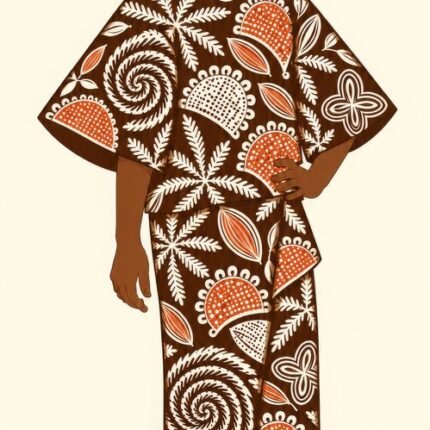 Black girl with a braided bun wearing a brown, cream, and rust-orange patterned outfit, framed by botanical borders on a cream background.