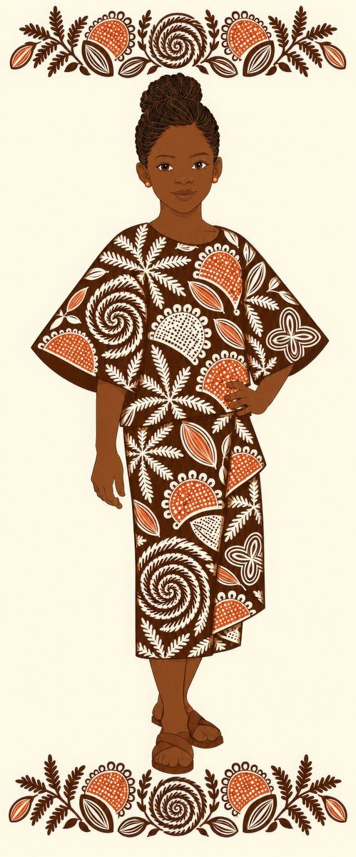 Braided Beauty African Girl Cotton Fabric Panel Black girl with a braided bun wearing a brown, cream, and rust-orange patterned outfit, framed by botanical borders on a cream background.