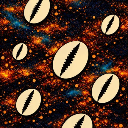 African cowrie shell cotton fabric featuring large ivory cowrie shells on a black background with vibrant orange, gold, and blue patterns.