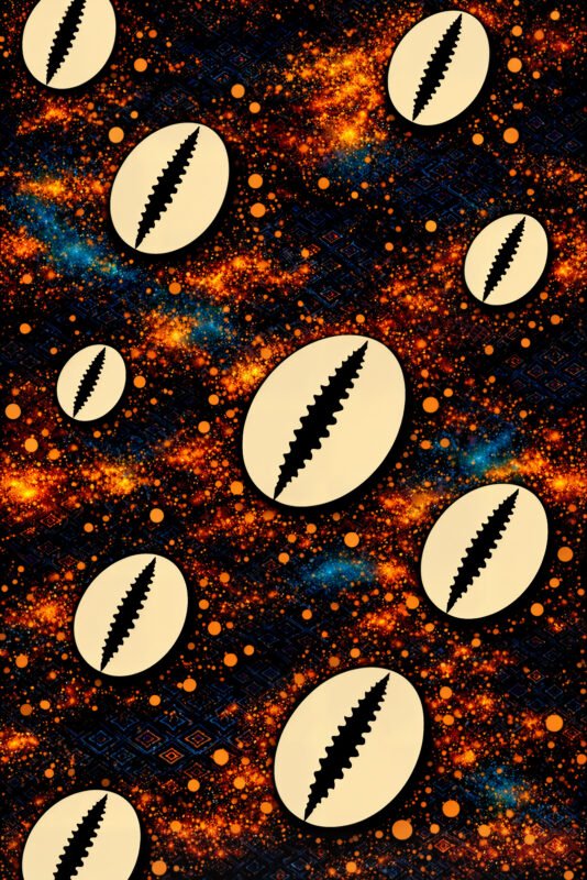 African cowrie shell cotton fabric featuring large ivory cowrie shells on a black background with vibrant orange, gold, and blue patterns.