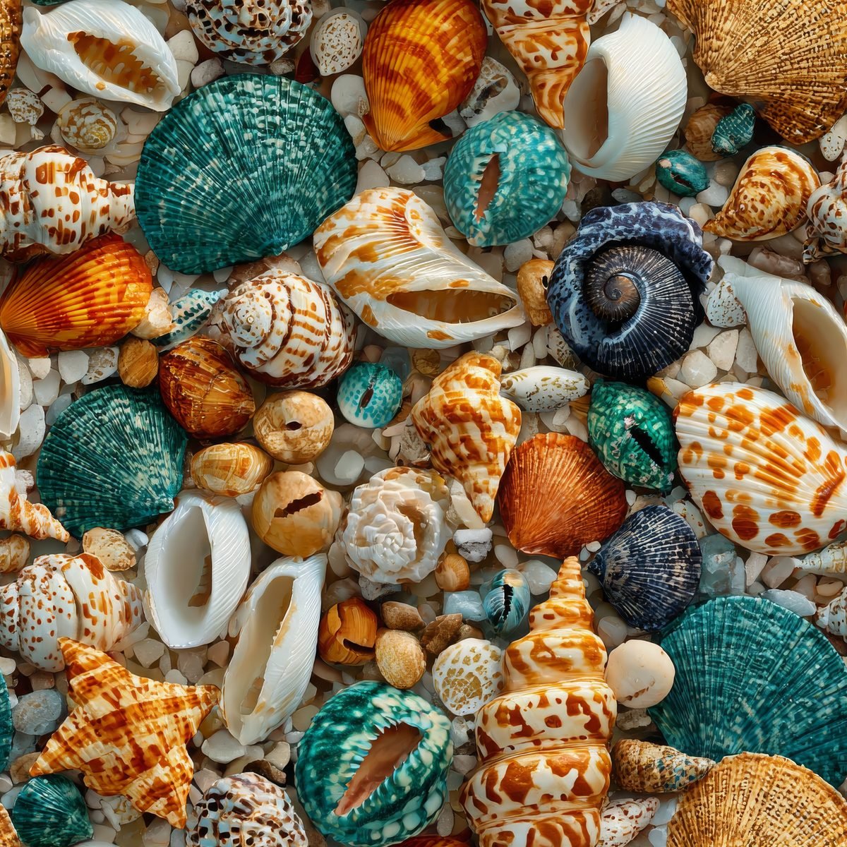 Coastal Treasures Seashell Cotton Fabric Densely packed seashells in turquoise, deep blue, amber, and ivory arranged over small cream and sand-colored pebbles.
