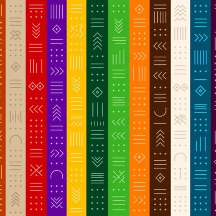 Tribal Marks Color Rhythm cotton fabric with multicolored stripes, diamonds, chevrons, dots, and fine lines. Image shows one yard.
