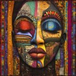 Stylized face with closed eyes, colorful patchwork-inspired patterns, and red-orange lips, framed by vertical patterned bands.
