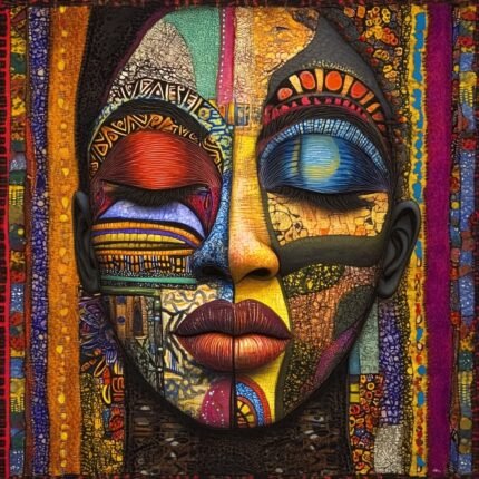 Stylized face with closed eyes, colorful patchwork-inspired patterns, and red-orange lips, framed by vertical patterned bands.