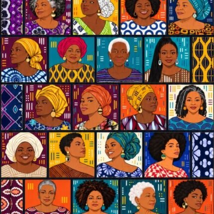 Fabric panel with 44 portraits of Black women in colorful headwraps, varied hairstyles, and patterned clothing, arranged in 11 rows.
