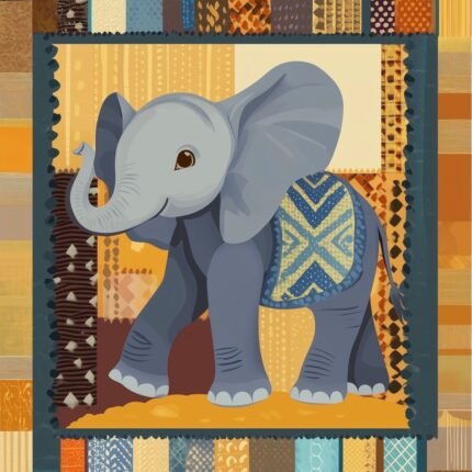 Gray baby elephant with a raised trunk and blue-and-gold blanket, surrounded by a teal frame and colorful patchwork-style borders.