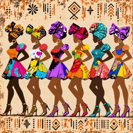 Six Black women in colorful short dresses, oversized headwraps, and high heels, with black and orange motifs on a cream background.