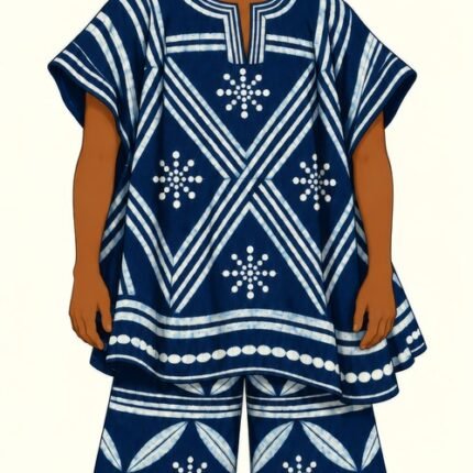 Yoruba boy wearing an indigo-and-cream patterned outfit and matching cap, with brown sandals and decorative borders on a cream background.