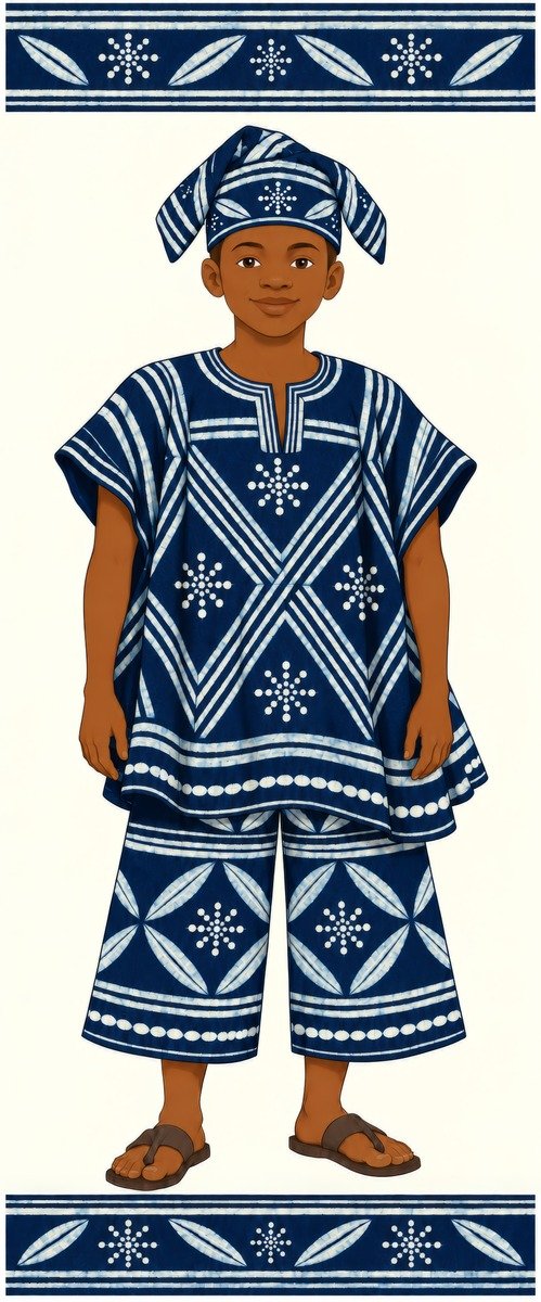 yoruba-boy-indigo-adire Yoruba boy wearing an indigo-and-cream patterned outfit and matching cap, with brown sandals and decorative borders on a cream background.